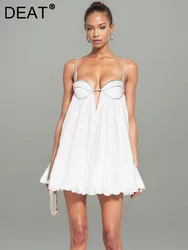 DEAT New Trendy Women's Diamonds Chain Pleated Sling Dress 2024 Spring Fashion Off-shoulder Sleeveless Dresses Female 33A1209