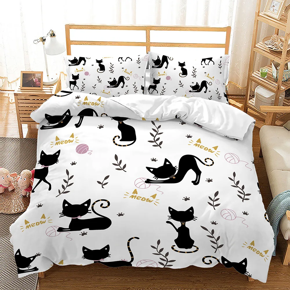 Juego de ropa de cama de microfibra suave con dibujos de gatos, fundas de almohada, tamaño individual, Queen y King, animales, 135x200cm