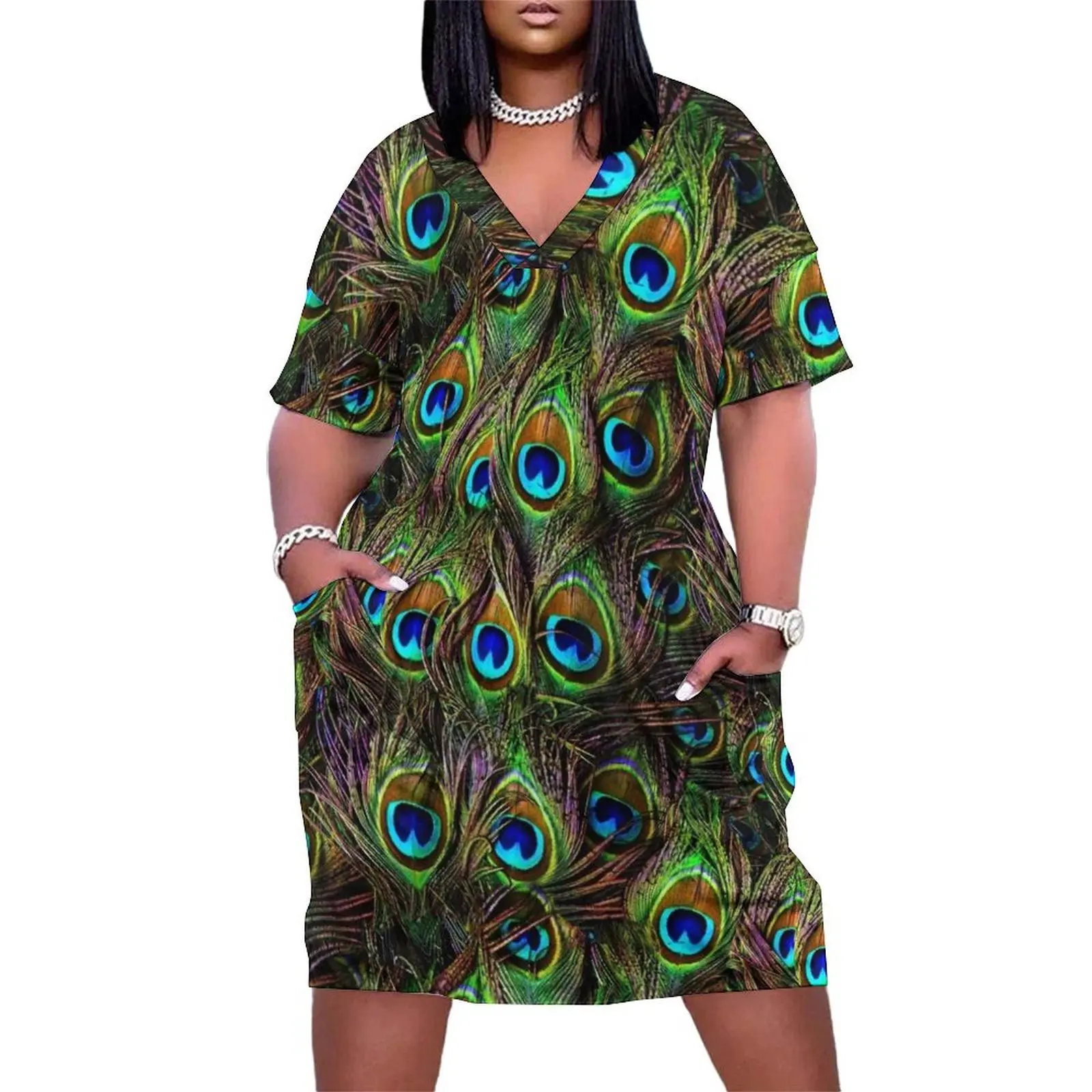 Peacock Feathers Invasion Loose Pocket Dress women clothing 2024 new arrivals summer women