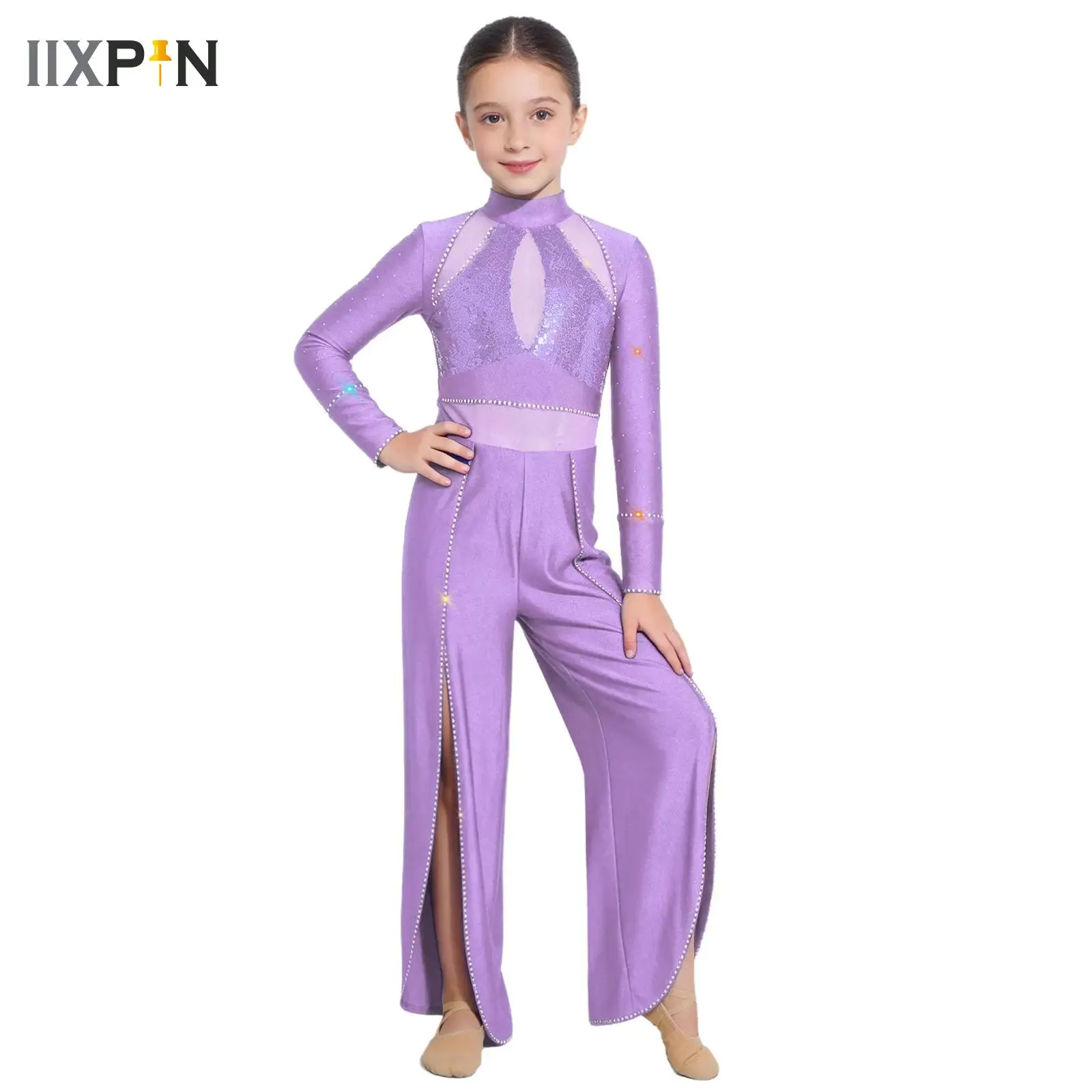 

Kids Girls Sequin Rhinestones Gymnastic Ballet Jumpsuit Dresses Long Sleeve Wide-Leg One-piece Dance Modern Contemporary Costume