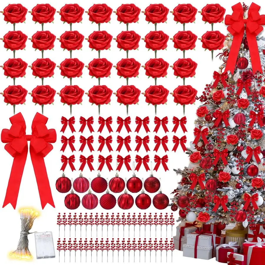 

134 шт. Набор украшений для рождественской елки с розами включает в себя искусственные украшения из красной розы Искусственные ягоды Рождественские шары Ленточные банты 16,4 f