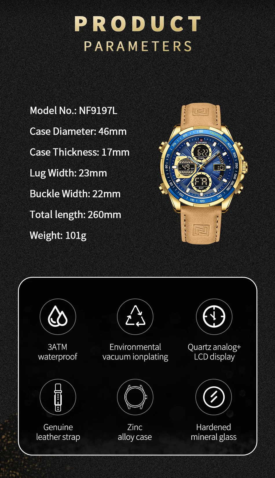 NAVIFORCE New Fashion Men Watches Luminous LCD Display Male Clock Waterproof Quartz Genuine Leather Wristwatch Relogio Masculino