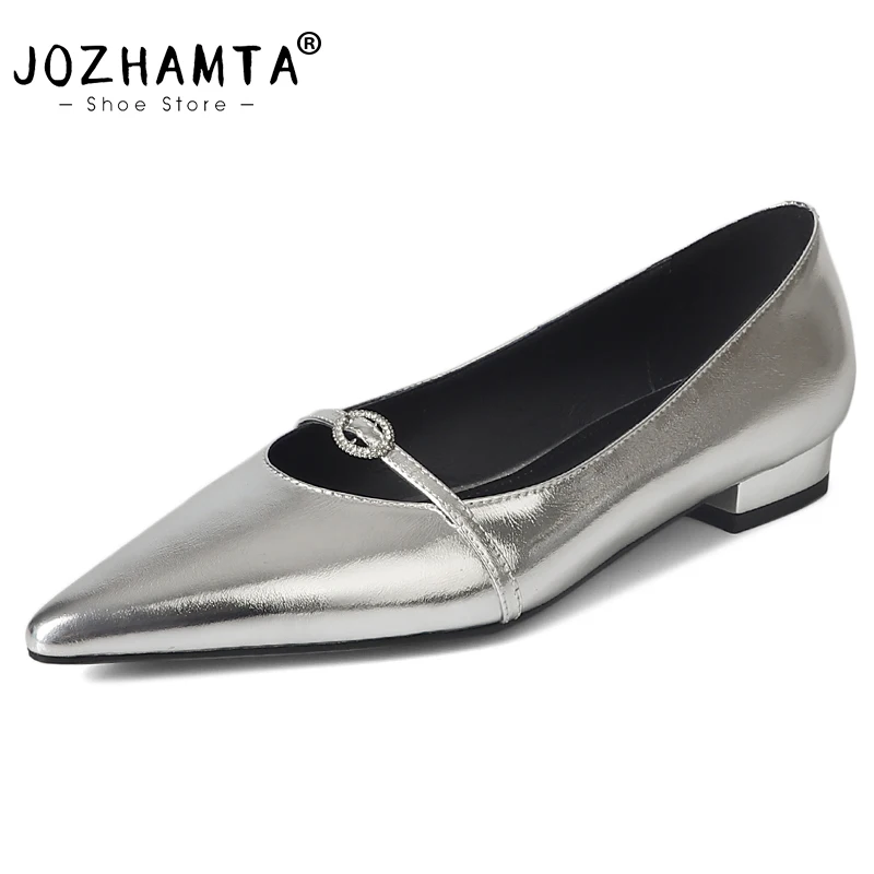 JOZHAMTA Women Pumps Genuine Leather Sexy Pointy Toe Thick Low Heels Shoes Buckle Strap Elegant Office Lady Dress Size 34-40