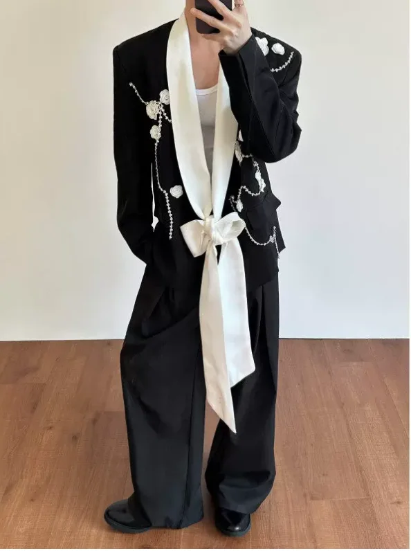 

White Black Men Suit Set 2 Pcs Blazer+Pants Cotton 3D Flower Prom Wedding Tuxedos Coat Customized Formal Office Groom Jacket