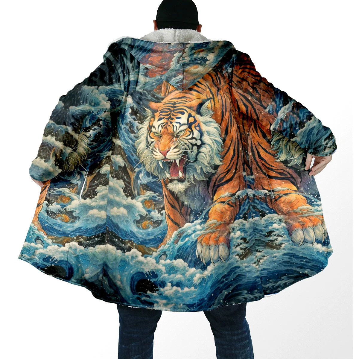 2025 Winter Fashion Men's cloak Animal Tiger Pattern 3D Printed Thick Fleece Hooded Cloak Unisex Casual Warm Cape Coat DP92