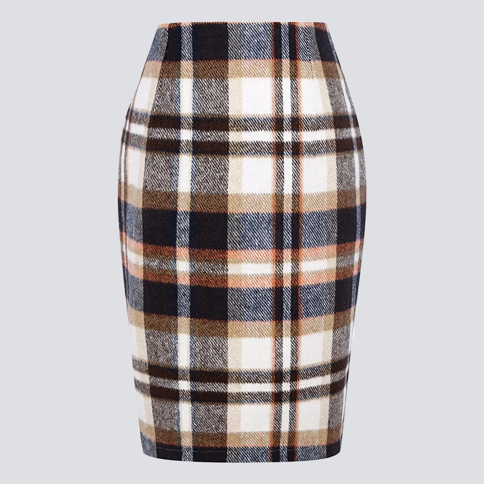 

Bodycon Pencil Plaid Skirts For Women Autumn And Winter High Waisted Knee Length Wool Mid Length Skirt With Slit For Female