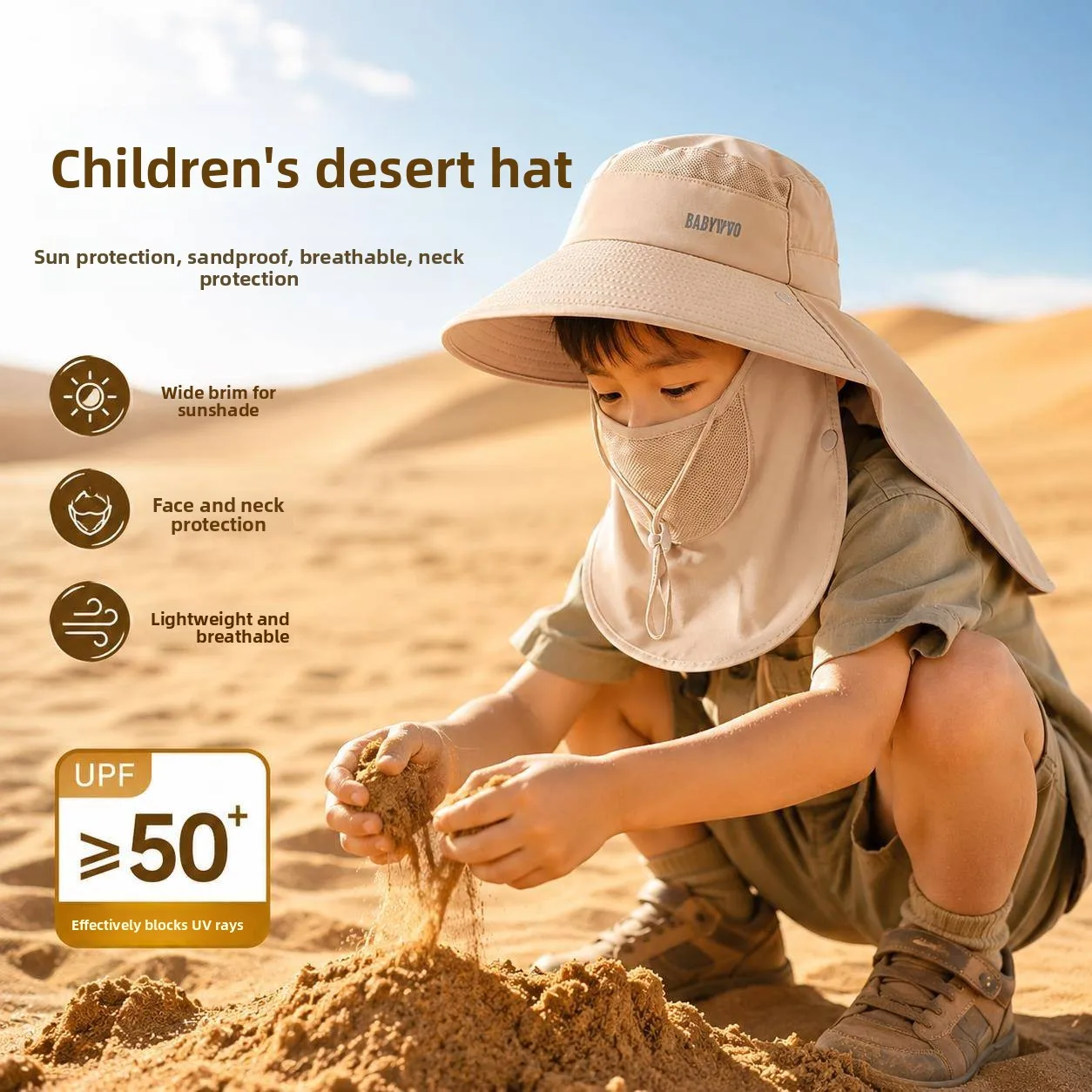 Summer Children's Desert Sandproof Sunscreen Integrated Full Face Neck Protector Hat Adjustable round Top UV Protection Hat