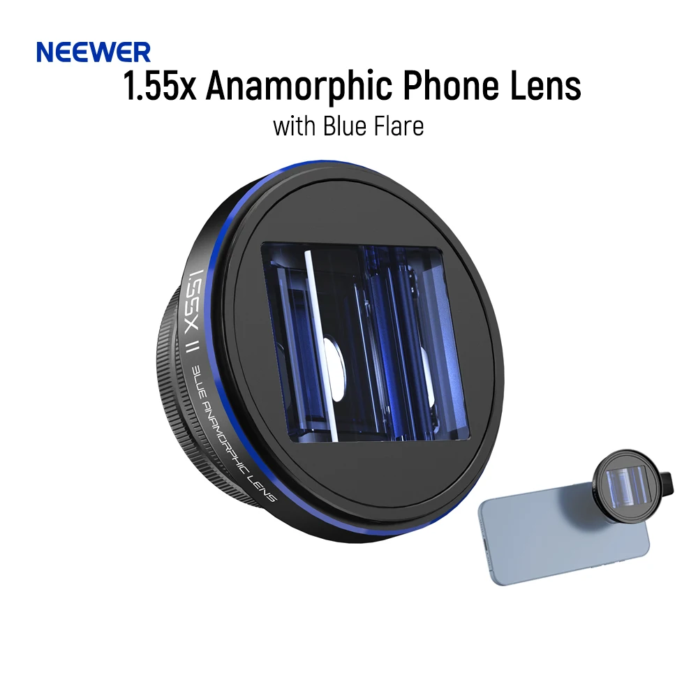 NEEWER PRO 1.55x Anamorphic Phone Lens with Blue Flare, 17mm Lens Clamp and 72mm Lens Filter Adapter Ring,Compatible with iPhone