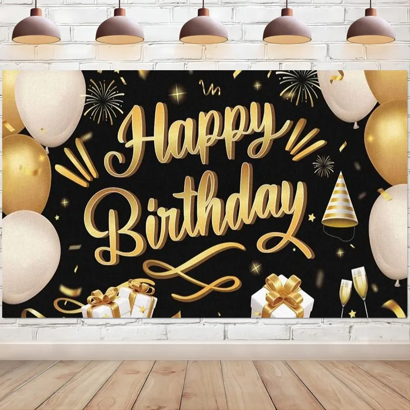 Happy Birthday Backdrop Banner Black and Gold Background Photography Party Decoration Supplies Indoor Outdoor Photo Booth Props