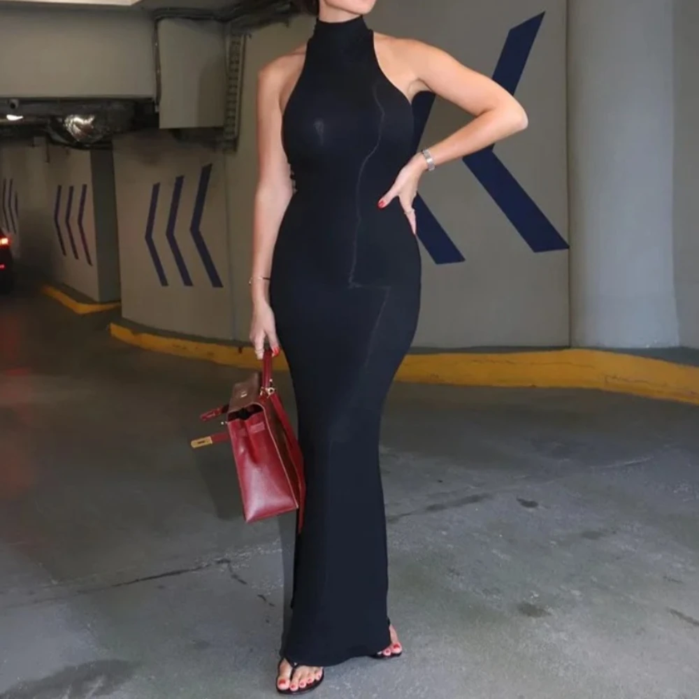 Mode mince moulante Robe Maxi élégant col roulé sans manches pêche hanches robes décontractées femmes noir Banquet fête longue Robe