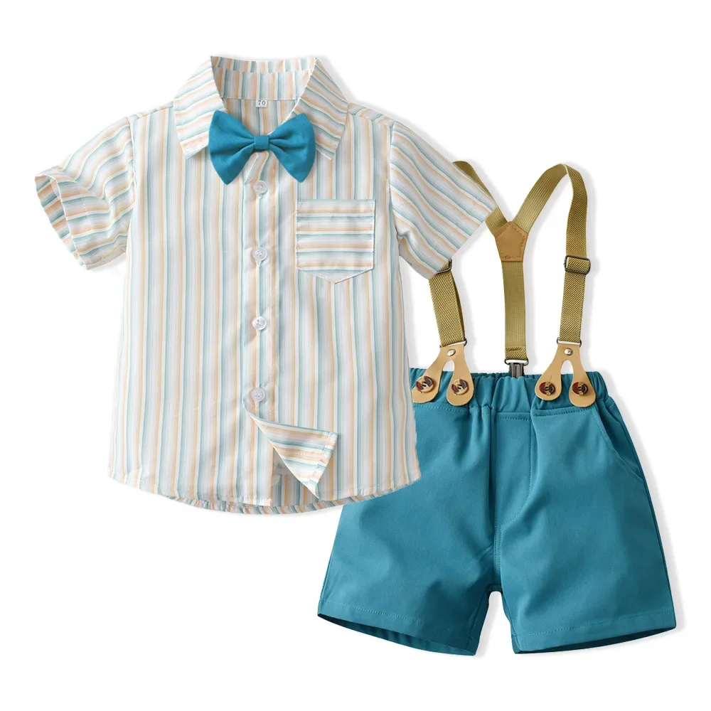 Kid Boy Elegant Outfit Two Piece Set Short Sleeve Shirt Top with Bow Tie Shorts with Suspenders Children Clothing Multi Style