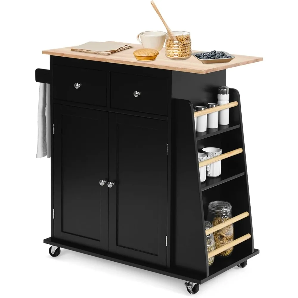 Kitchen Island on Wheels, Utility Trolley Cart with Adjustable Shelf, 2 Drawers, 3-Tier Spice Rack, Towel Rack, 2-Door Cabinet