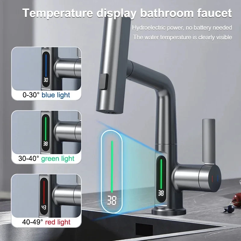 Temperature LED Digital Display Waterfall Bathroom Basin Faucets with Pull Down Stream Sprayer Hot Cold Water Tap Faucets