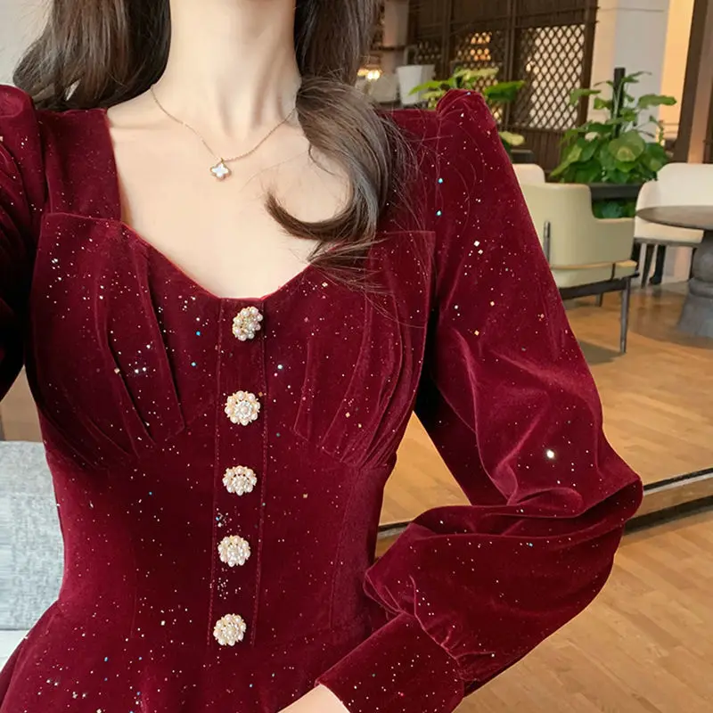 Flower Elegant Evening Party Midi Dresses Ladies Red French Retro Women Dresses New Year 2022 Velvet Korean Style Dress Winter