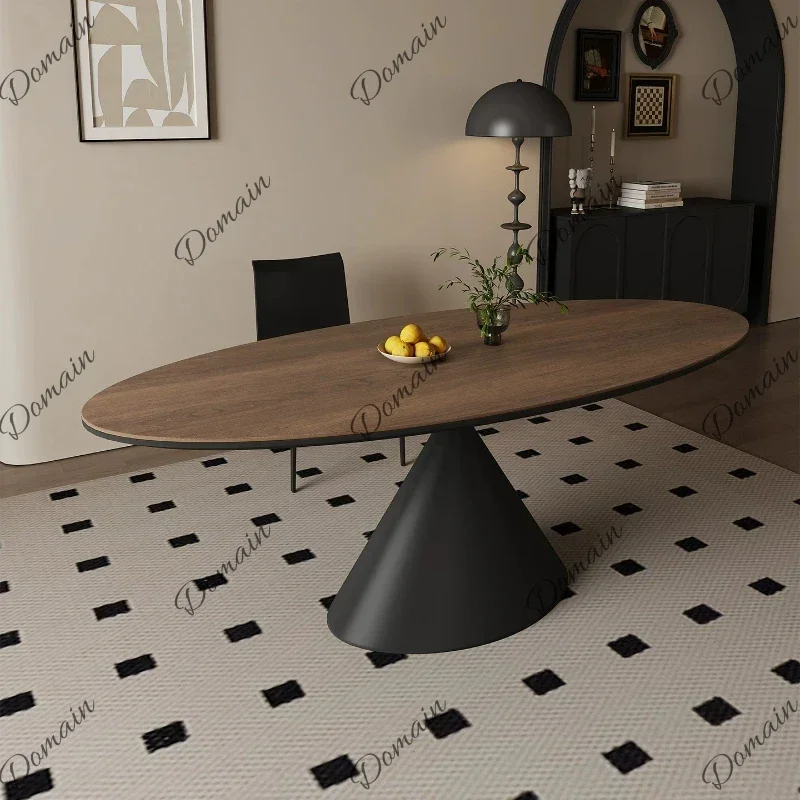 YT Mid‑Century Modern Oval Dining Table Walnut Tone Tabletop With Metallic Conical Base For Household Dining Room Furniture L