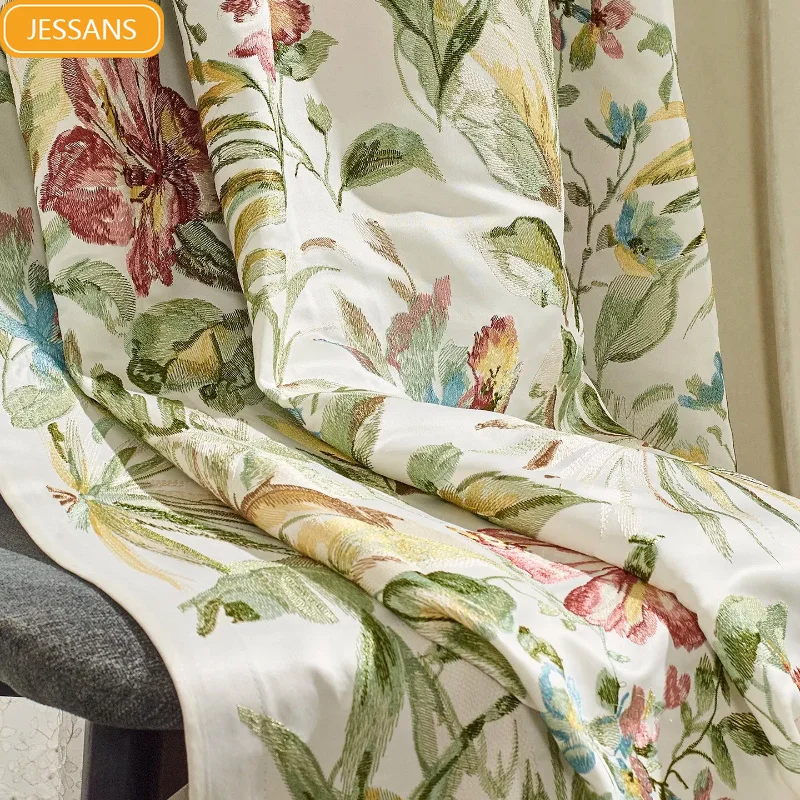 

French Plant Flower Jacquard Rice White Velvet Splicing Curtains for Living Room Bedroom Villa Custom Partition Curtains Valance