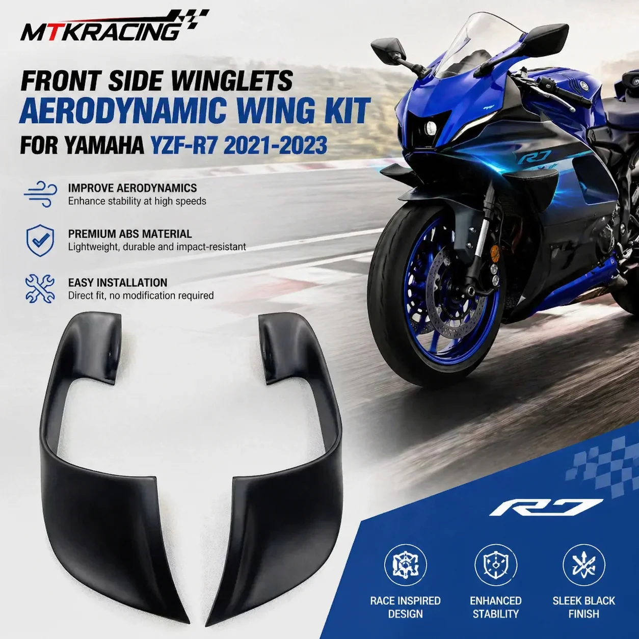 

MTKRACING Deflector For YAMAHA YZF-R7 2021-2023 Motorcycle Front Side Spoiler Winglet Aerodynamic Wing ABS Black Spoilers Kit R7