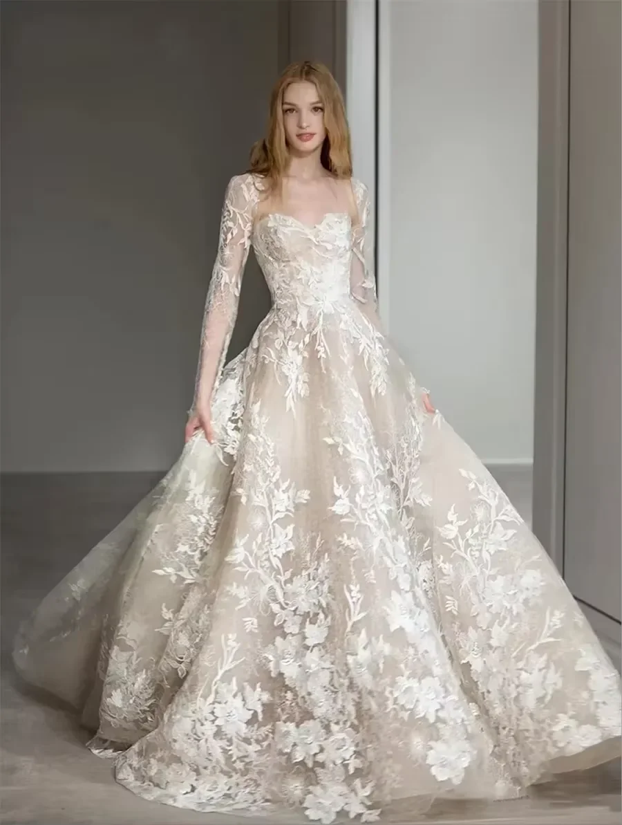 Customzied Wedding Dress Newest A Line For Bride O-Neck Long Sleeves Lace Jacket Full Sleeves Plus Sizes Vestidos De Novias
