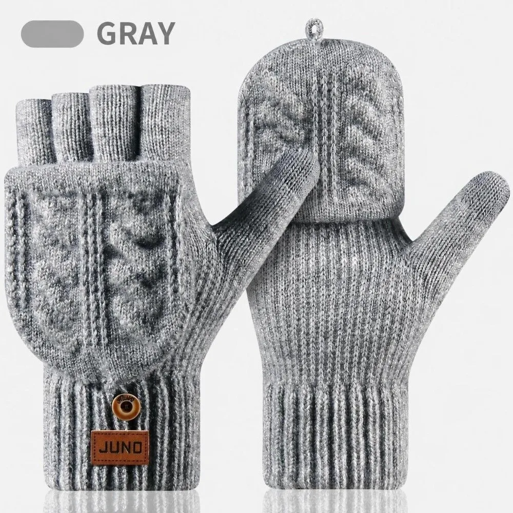 Unisex Winter Cable Knitted Gloves Warm Polyester Blend Women Half Finger Mittens One Size Men Flip Top Gloves Cold Weather
