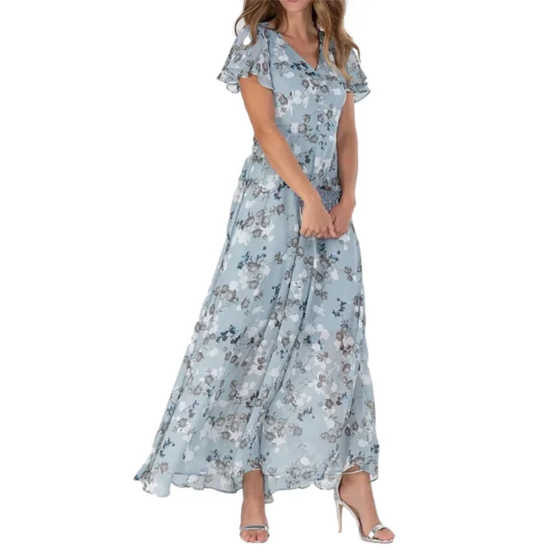 Women Elegant Ruffle Short Sleeve V Neck Pullover Dresses Sweet Style Small Flower Print High Waist Dress Female New Casual Gown