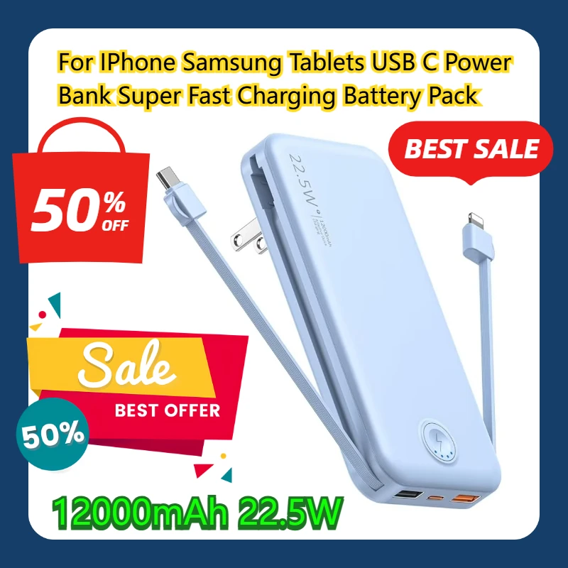 

For IPhone Samsung Tablets USB C Power Bank 12000mAh 22.5W Super Fast Charging Battery Pack