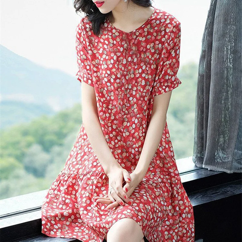 Fashion Loose Printed Folds Korean Mini Dress Women\'s Clothing 2023 Summer New Oversized Short Sleeve Office Lady Floral Dress