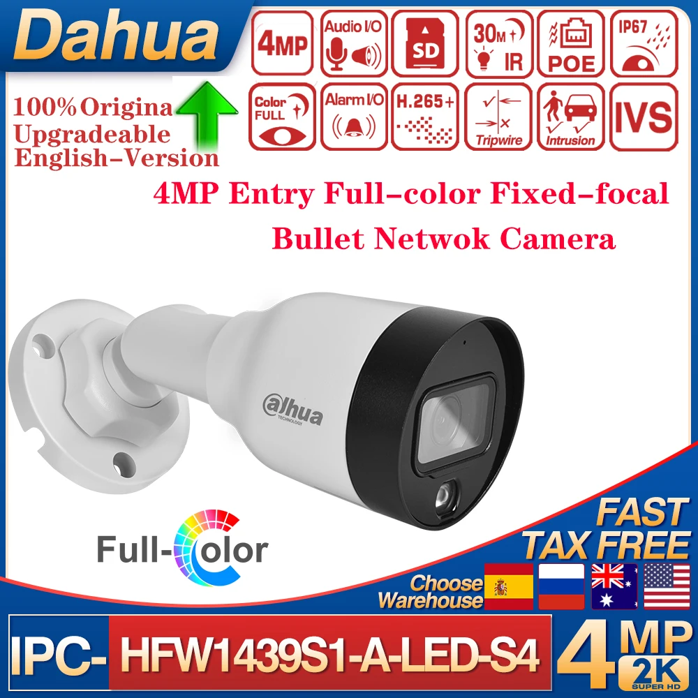 Originele Dahua IPC-HFW1439S1-A-LED-S4 4MP POE IP67 WDR Ingebouwde Microfoon Ingang Full-color Bullet Netwerkcamera Onvif H.265 +