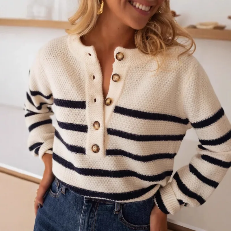 

Autumn and Winter New Arrival Knitted Striped Pullover Top Fashionable Casual Button Cardigan Sweater for Women