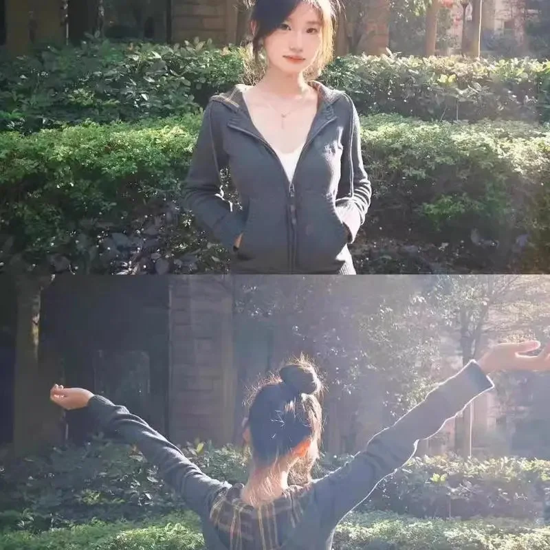 Amerikanisches Retro-Karo-Kapuzenpullover für Damen im Frühling und Herbst 2022, neuer Stil, schmale Passform, Taille, Reißverschluss, Strickjacke, Jacke