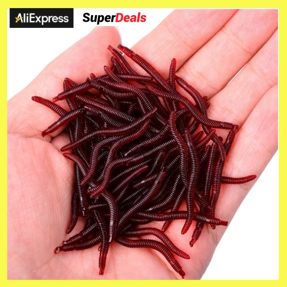 100pcs PVC Lifelike Red Worm Soft Lures Earthworm Fishing Silicone Fishy Shrimp Worm Fishy Smell Artificial Fishing Lures 3.5cm