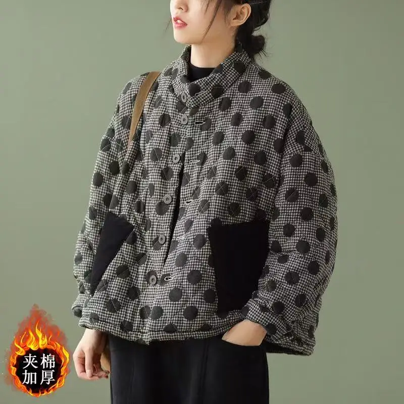 New 2025 Chinses Designer Women Warm Ladies Loose Dot Winter Jackets Female Printed Padded Vintage Streetwear Plus Size