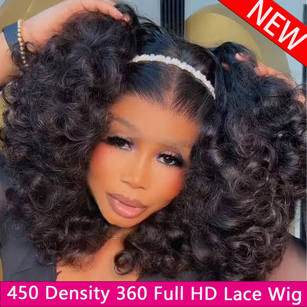 

Bouncy Curly 450 High Density Glueless Wigs 360/13x6 HD Lace Frontal Wig 100% Human Hair Ready To Wear Preplucked Hair For Women