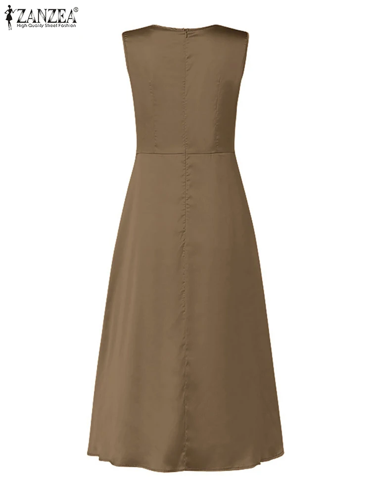 Women Solid Satin Dresses ZANZEA Fashion Sleeveless Tank Sundress Casual Loose Party Square Collar Robe 2025 Summer Maxi Dress