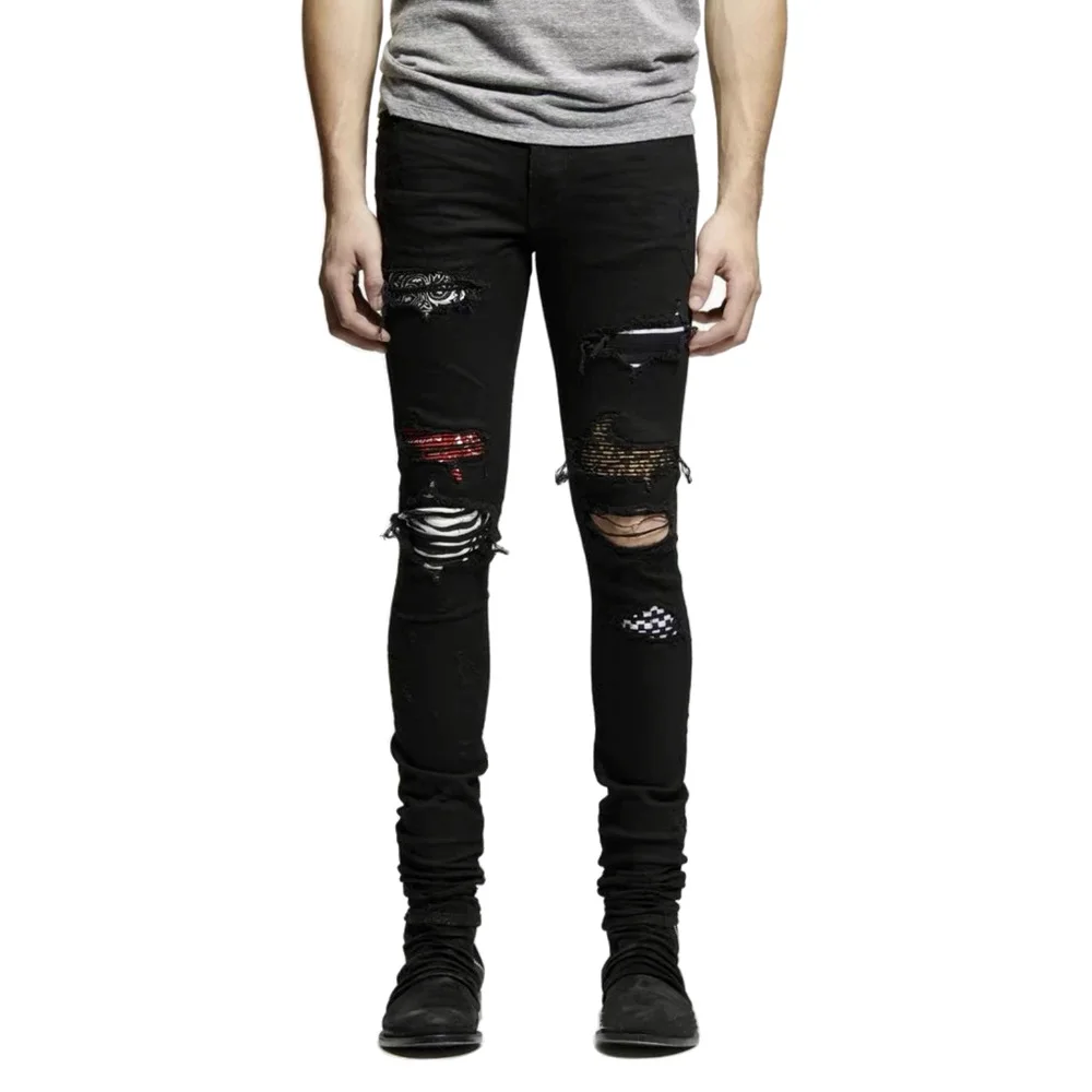 

Men Jeans Denim Washing Distressed Pencil Pants Skinny Pockets High Street Spliced Zipper Fly Sheath Ankle Length 2024 Print