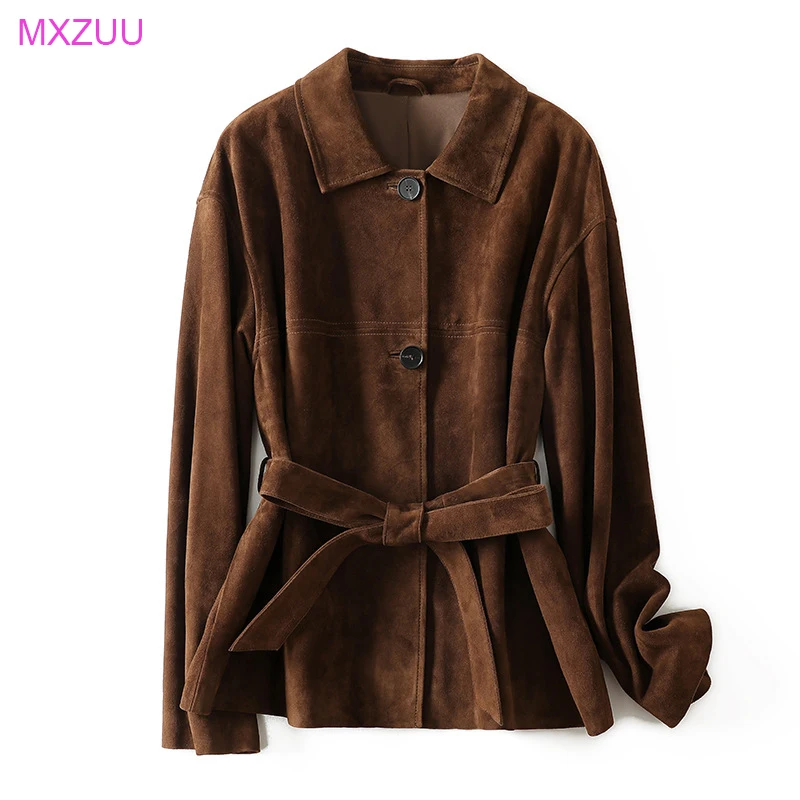 Veste en daim naturel automne femmes nouveau français élégant rétro revers ceinture mince moyen à Long manteau en daim peau de chèvre femme Ropa Mujer
