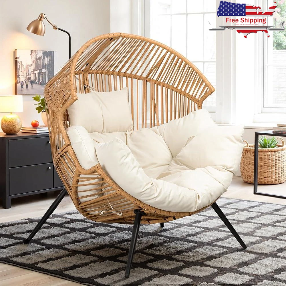 Cozy Outdoor Wicker Egg Chair with Cushion Durable PE Rattan Heavy-Duty Steel Frame Comfortable Patio Lounger