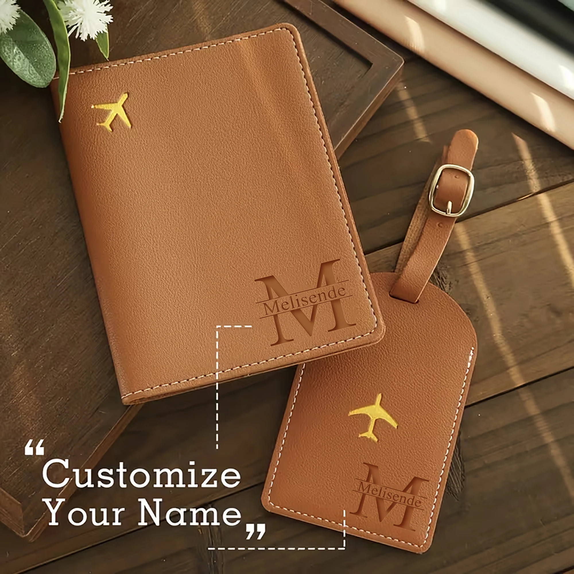 Personalized Customizable Ietter Laser Engraving PU Faux Leather Snap Button Passport Cover & Luggage Tag Set Travel Essentials
