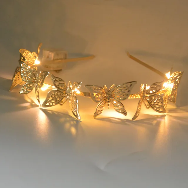 1 szt. LED Light kobiety dziewczyna Tiara motyl księżniczka korona złota opaska na głowę kostium dla nowożeńców bal urodziny wesele festiwal
