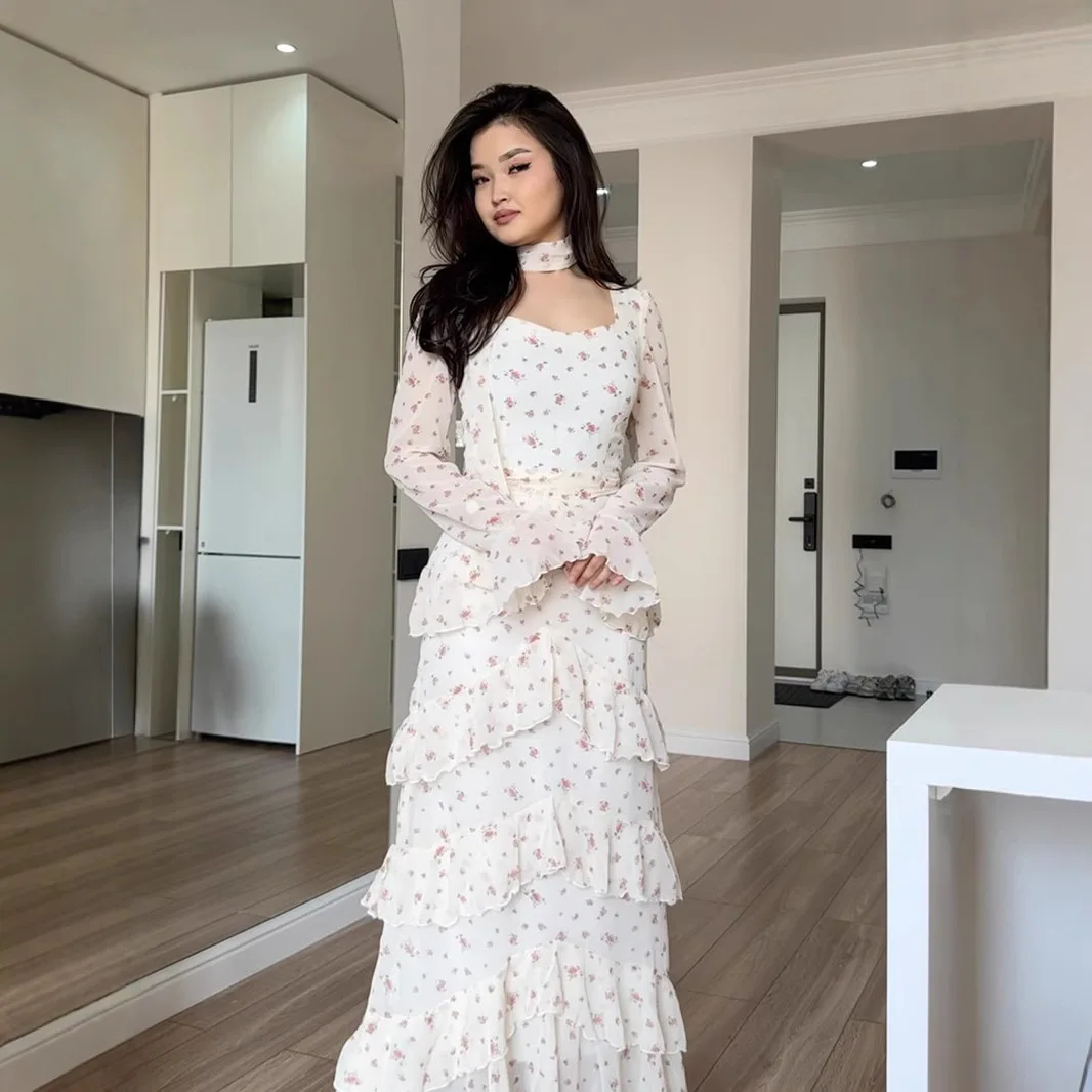 

Elegant Sweet Temperament Long Sleeve Belted Maxi Dress Women's Gown Gentle Breeze Style A-Line Skirt Floral Print Spring 2025