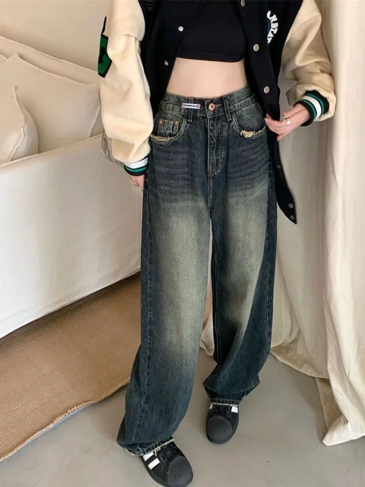 Vintage Jeans Women New Autumn Winter Elastic Waist Simple Do Old Design All-match Trendy Korean Style Female Leisure Ins Baggy