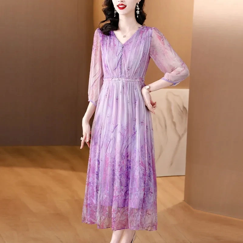 Summer Floral Silk V-Neck Long Party Dress Women Elegant Casual Beach Dress 2024 New Korean Fashion Chic Holiday Evening Dress