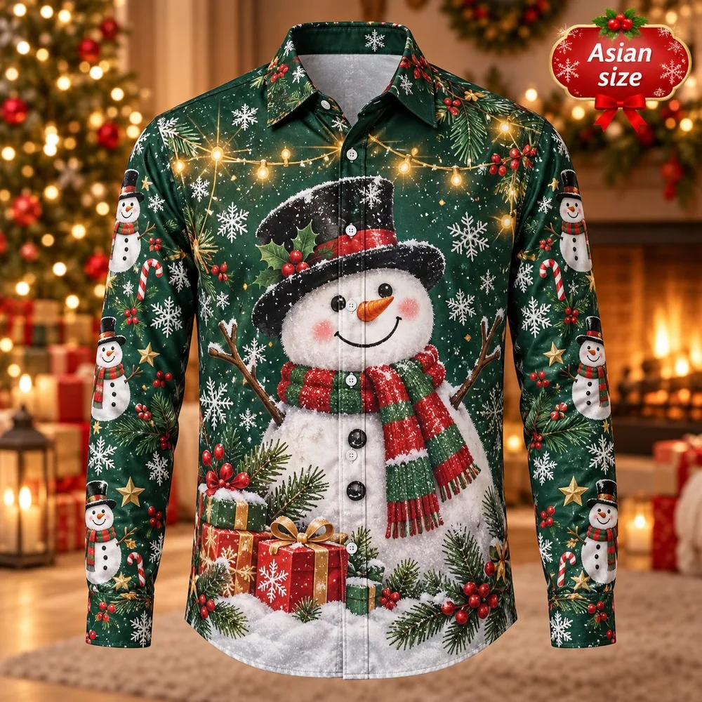 Christmas Snowman Long Sleeve Button Down Shirt for Men 3D Print Polyester Holiday Party Festive Graphic Xmas Top Shirts