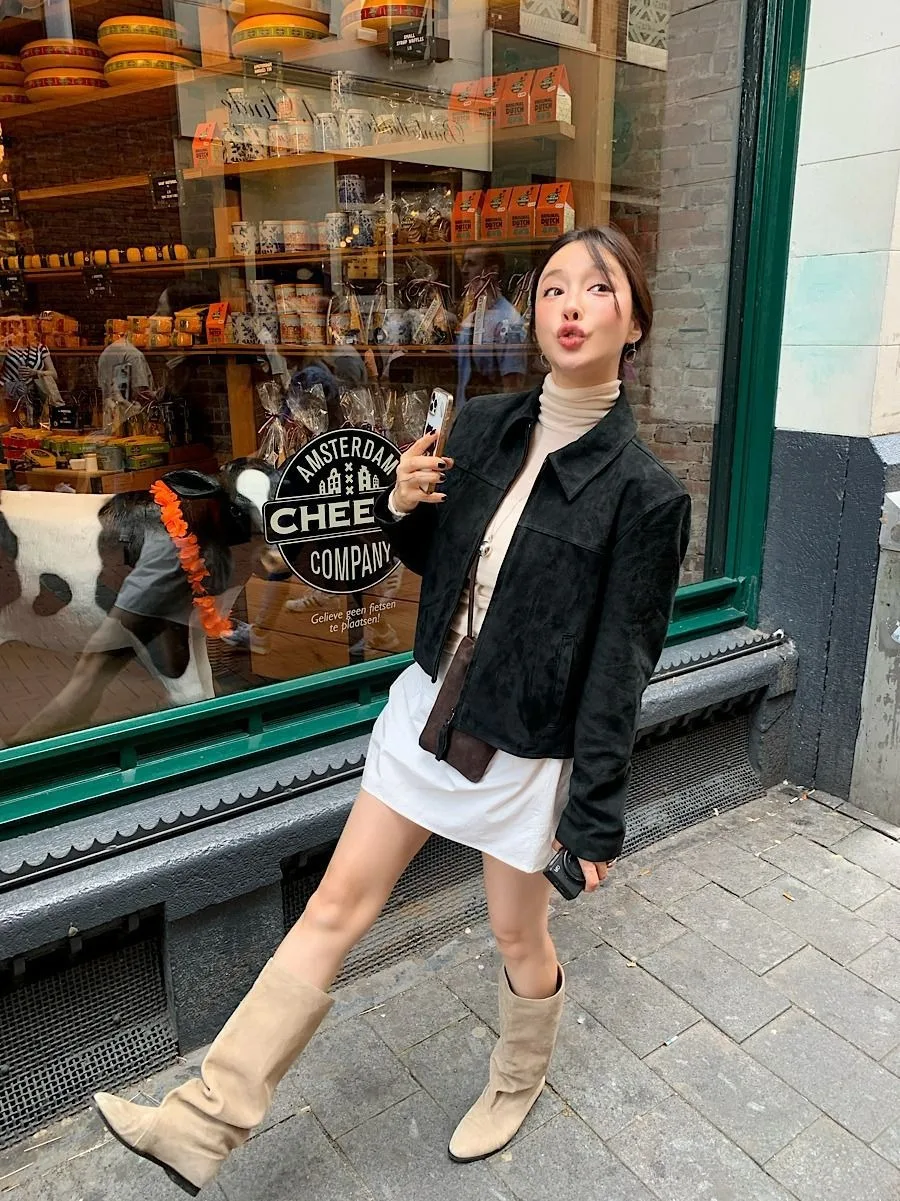 Koreanischer Chic 2026 Herbst Neuer Stil Stehkragen Kunstleder-Samt-Jacke mit Reißverschluss Coole Kurze Mantel-Oberteile für Damen – Detail 12