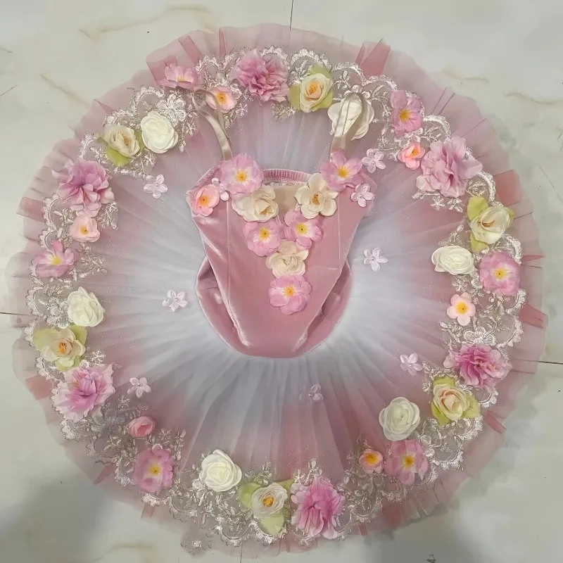 Vestido de tutú de ballet para niñas, disfraz de baile con flores, tutús tipo plato para mujeres y niños, vestido de fiesta rosa para niños y adultos