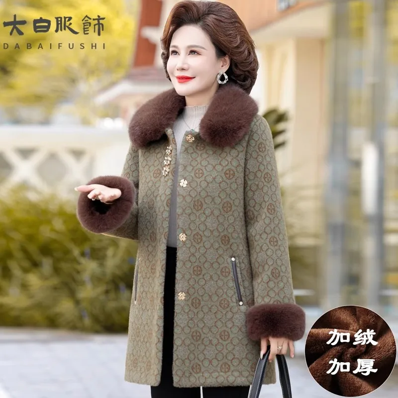 Middle Aged Mother\'s Fur Collar Woolen coat Winter Coat Plush Thickened New Autumn Plaid Coat For Middle-Aged And Elderly Women