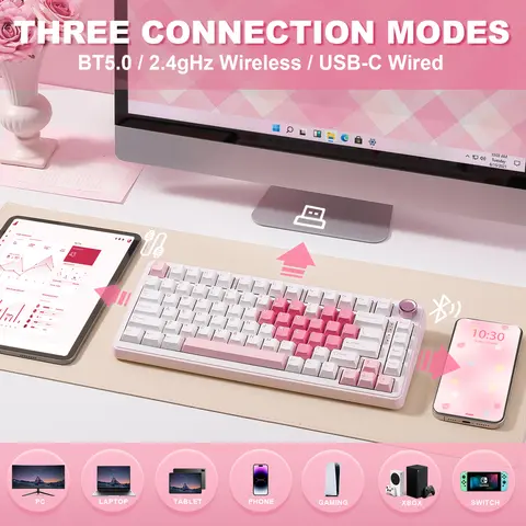 YUNZII B75 PRO clavier de jeu mécanique coeur blanc, clavier rvb joint 75 boutons, clavier crémeux personnalisé échangeable à chaud Triple Mode