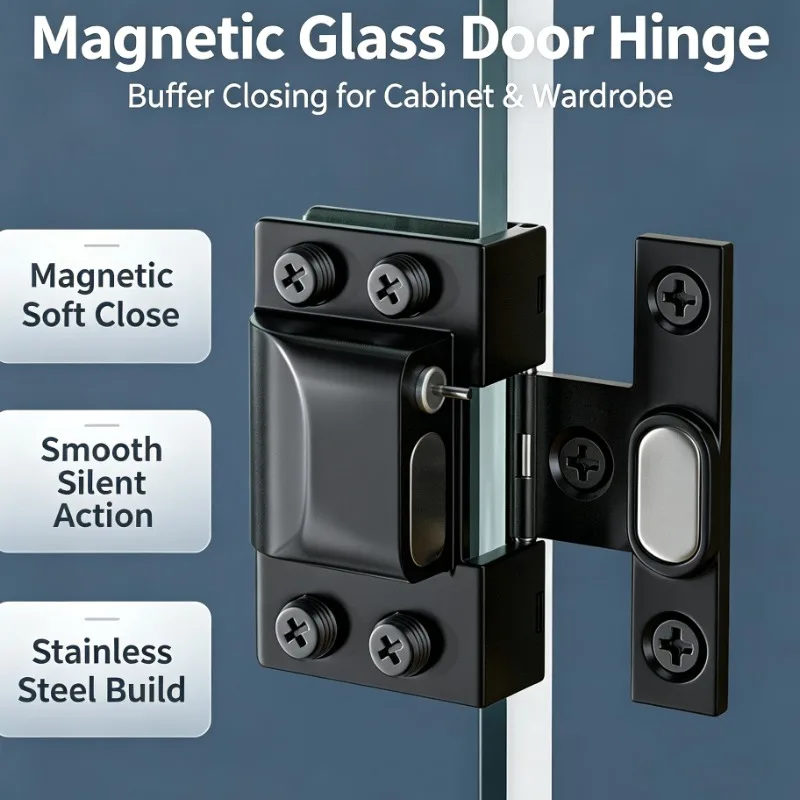 Magnetic Buffer Glass Door Hinge Stainless Steel No Drilling Required For Cabinet Wine Display Showcase Heavy Duty Hardware