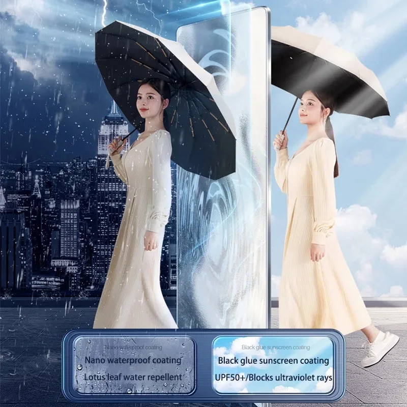 Large 24 Bone Solid Color Automatic Umbrella# Light Collapsible Large^ Format Outdoor Sunshade UV Protection Automatic Umbrella!