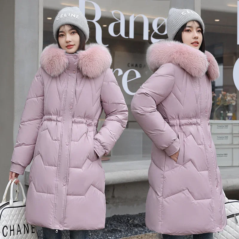 

2023 New Women's Down Cotton Park Winter Jacket Female Faux fur Thick Mid Length Coat Women Fashion Hooded Apron Overcoat