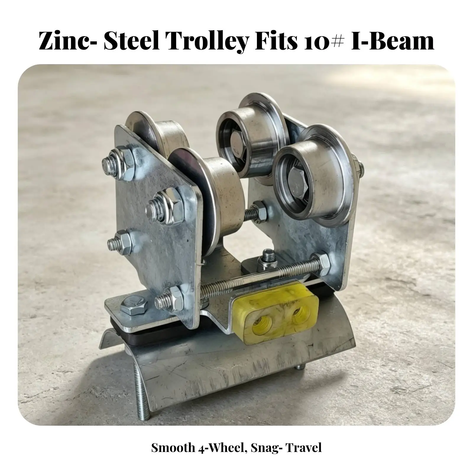 Industrial Flanged Track Cable Trolley Four-Wheel Roller Design, Adjustable Threaded Rod, Overhead flanged track Cable Trolley,